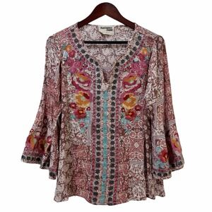 Savanna Jane Womens Floral Embroidered Bell Sleeve Top Size L Cottage Peasant